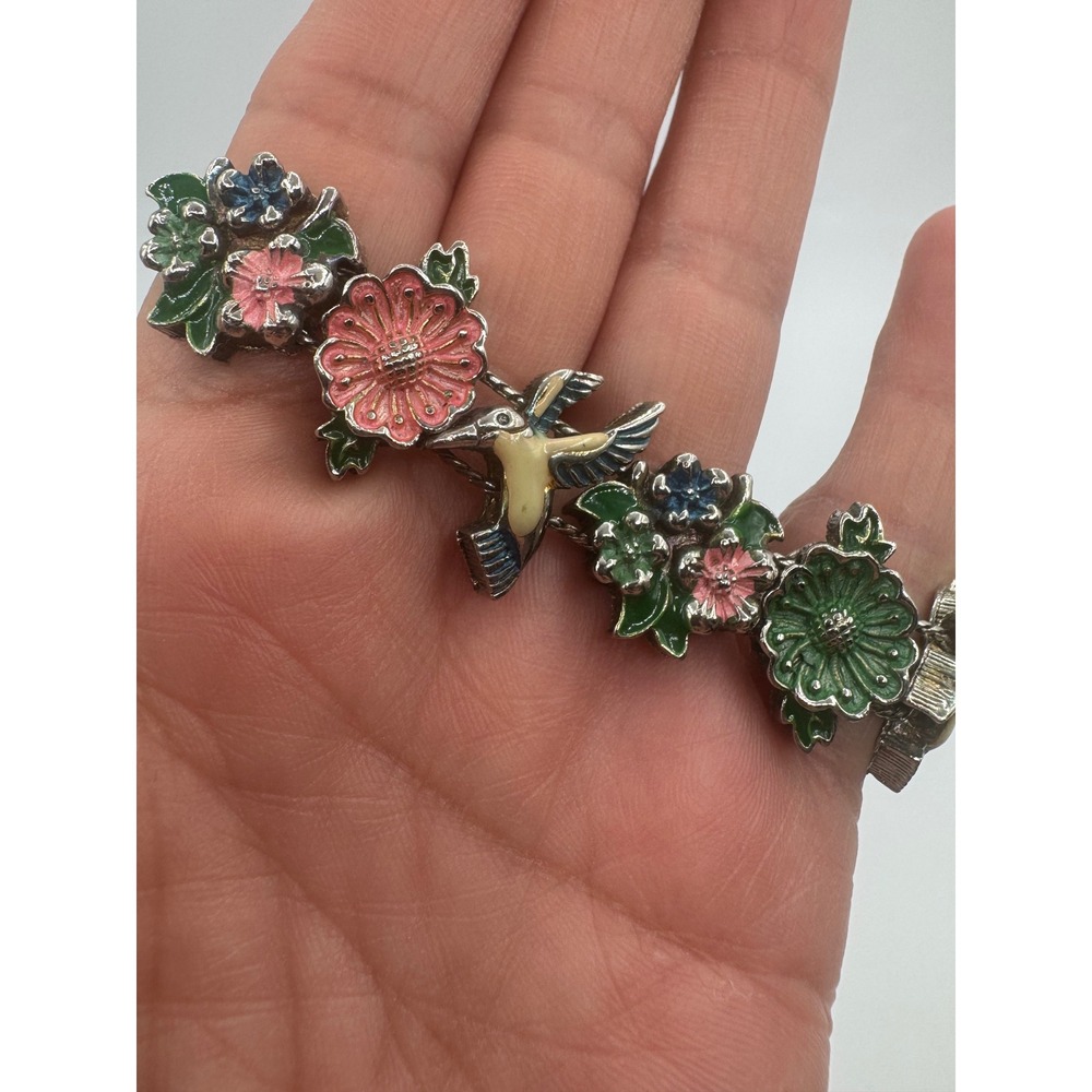 Vintage Hummingbird Floral Enamel Link Bracelet Silver Tone Nature Garden 7.25in